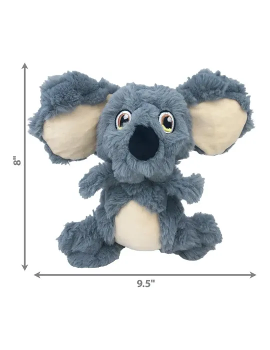 Dimensiones del peluche para perros KONG Scrumplez Koala: 20,3 cm de alto por 24,1 cm de ancho. Juguete de felpa gris suave con 