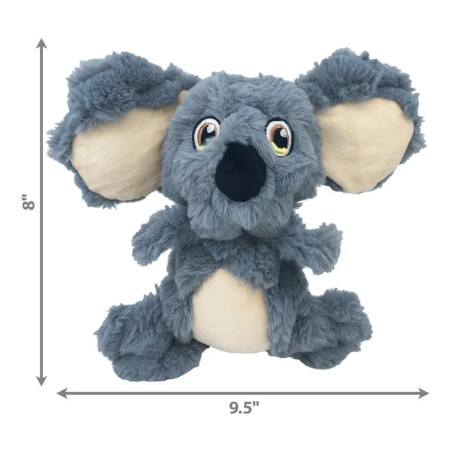 Dimensiones del peluche para perros KONG Scrumplez Koala: 20,3 cm de alto por 24,1 cm de ancho. Juguete de felpa gris suave con 