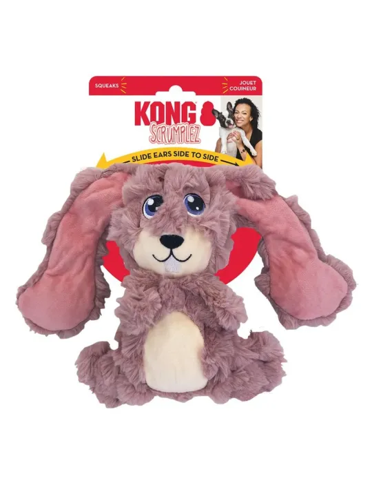 Peluche para perros KONG Scrumplez Conejo Rosa, felpa arrugada suave con orejas deslizantes y chirriador integrado, ideal para j
