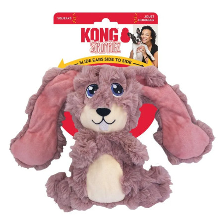 Peluche para perros KONG Scrumplez Conejo Rosa, felpa arrugada suave con orejas deslizantes y chirriador integrado, ideal para j
