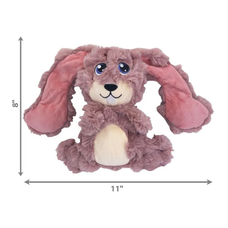 Peluche para perros KONG Scrumplez Conejo Rosa con dimensiones de 20,3 cm de alto por 27,9 cm de ancho, con textura arrugada y o