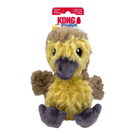 Peluche para perros KONG Comfort Tykes Pato (Gosling), felpa ultra suave amarilla y marrón, chirriador tipo gruñido extraíble, p