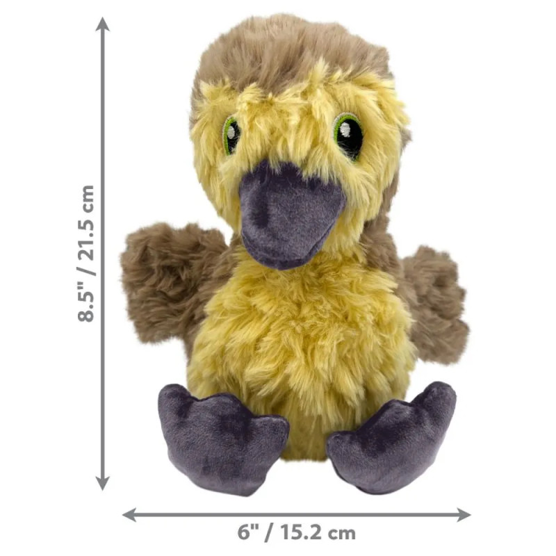 Peluche KONG con forma de pájaro amarillo y marrón, de 21,5 cm de alto y 15,2 cm de ancho.