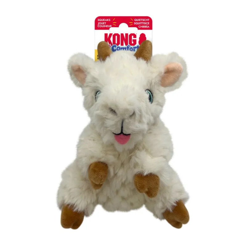 Peluche de perro Kong Comfort Tykes Cabra, felpa blanca ultra suave con cuernos marrones y chirriador tipo gruñido extraíble.