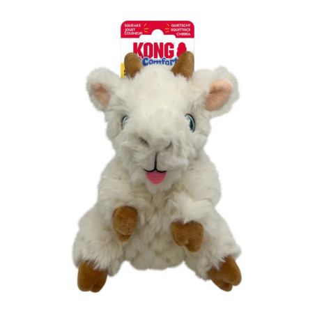 Peluche de perro Kong Comfort Tykes Cabra, felpa blanca ultra suave con cuernos marrones y chirriador tipo gruñido extraíble.