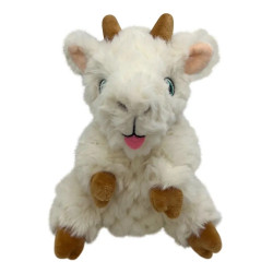 Peluche de perro Kong Comfort Tykes Cabra, felpa blanca ultra suave con cuernos marrones y chirriador tipo gruñido extraíble. 2
