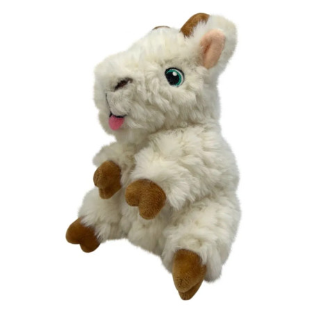 Vista lateral del peluche Kong Comfort Tykes Cabra para perros, con textura suave de felpa blanca, cuernos marrones y ojos borda