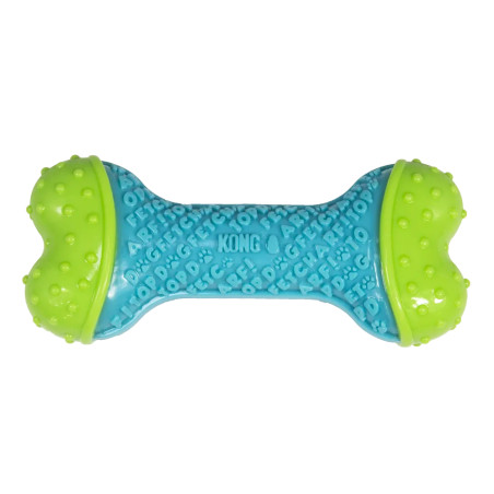 Hueso KONG CoreStrength Bone azul y verde para perros, juguete resistente.