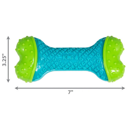 Juguete KONG CoreStrength Bone azul y verde con medidas 7 x 3.25 pulgadas.