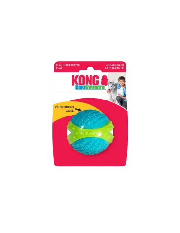 Pelota KONG CoreStrength Ball azul y verde con núcleo reforzado, en su envase original.