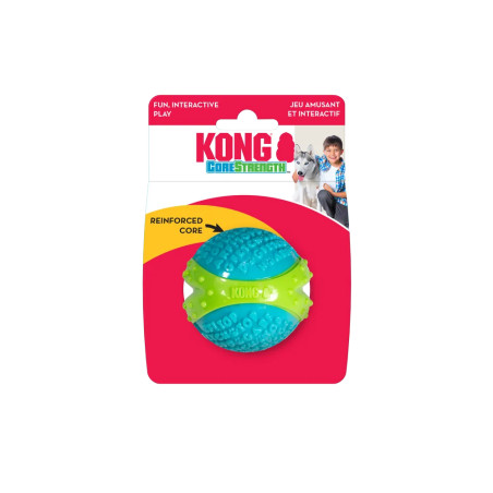 Pelota KONG CoreStrength Ball azul y verde con núcleo reforzado, en su envase original.