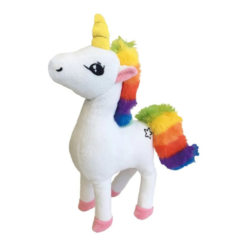Juguete de peluche para perro con forma de unicornio blanco y melena arcoíris