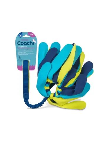 Juguete Coachi Tuggi Spider azul, lima y azul marino para perros, con múltiples tiras suaves de neopreno y asa elástica