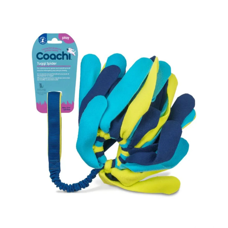 Juguete Coachi Tuggi Spider azul, lima y azul marino para perros, con múltiples tiras suaves de neopreno y asa elástica