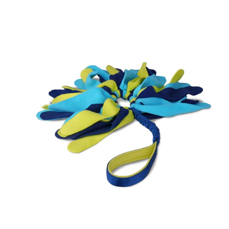 Juguete Coachi Tuggi Helix azul, lima y azul marino en posición horizontal con tiras suaves y asa elástica para perros