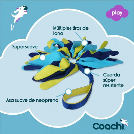 Juguete Coachi Tuggi Helix para perros con tiras suaves multicolor, cuerda elástica resistente y asa de neopreno