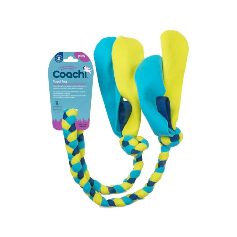 Juguete Coachi Tuggi Tug azul y amarillo para perros, cuerda trenzada con extremos de neopreno
