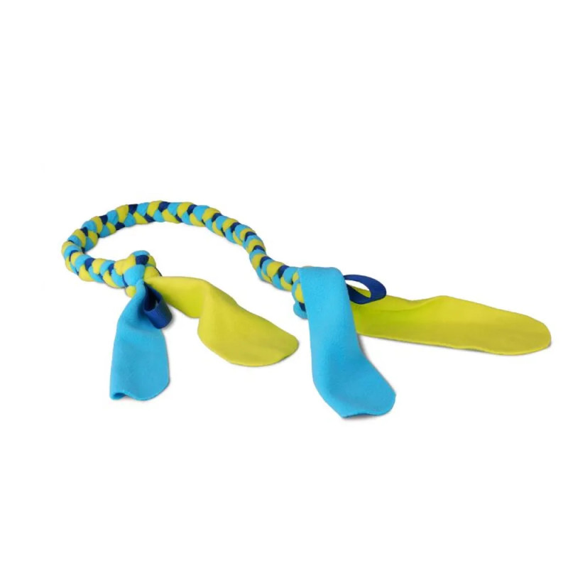 Juguete Coachi Tuggi Tug azul y amarillo extendido, cuerda trenzada con extremos de neopreno para perros