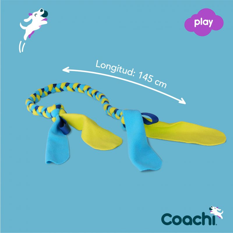 Juguete Coachi Tuggi Tug azul y amarillo para perros, longitud 145 cm, cuerda trenzada con extremos de neopreno
