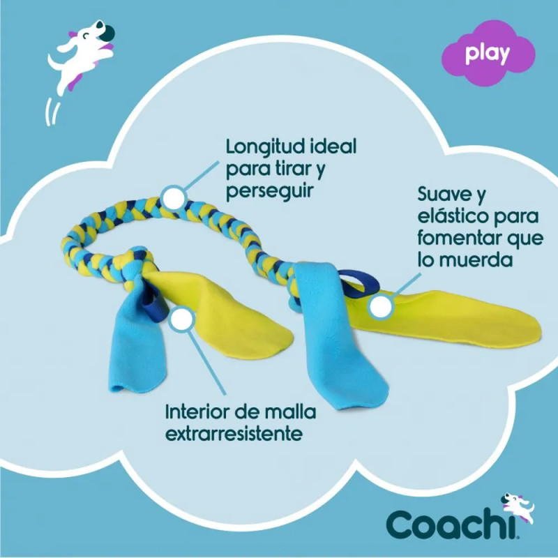 Juguete Coachi Tuggi Tug para perros, cuerda azul y amarilla con malla extrarresistente, suave y elástica