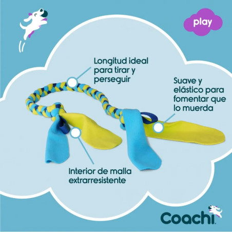 Juguete Coachi Tuggi Tug para perros, cuerda azul y amarilla con malla extrarresistente, suave y elástica