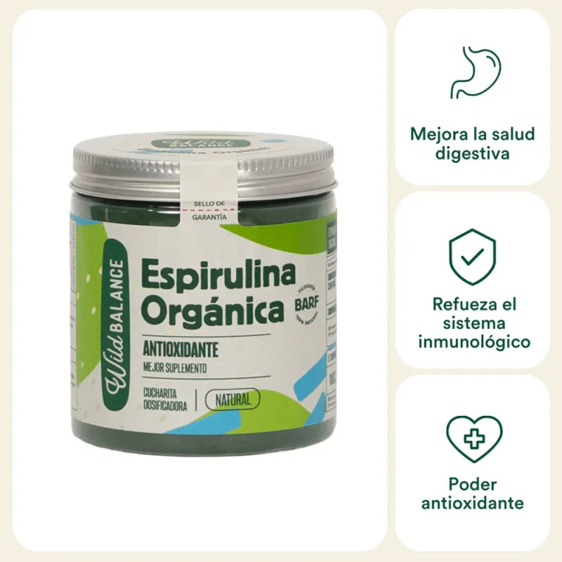 Suplemento de espirulina orgánica Wild Balance para perros y gatos, con beneficios antioxidantes, digestivos e inmunológicos
