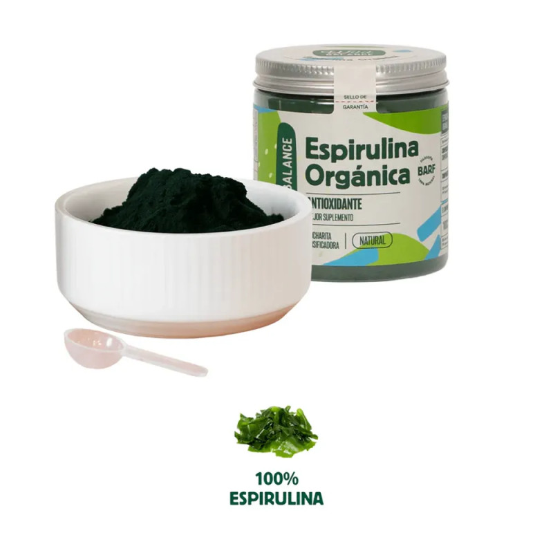 Espirulina orgánica en polvo 100% pura de Wild Balance, suplemento natural para perros y gatos con cucharita dosificadora