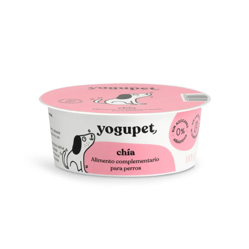Yogupet chía alimento complementario para perros, tarrina blanca con etiqueta rosa