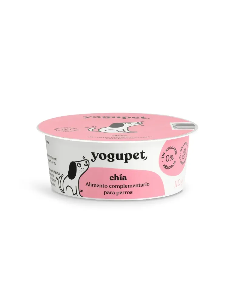 Yogupet chía alimento complementario para perros, tarrina blanca con etiqueta rosa