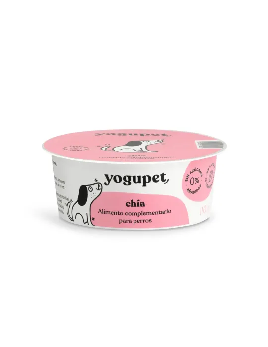 Yogupet chía alimento complementario para perros, tarrina blanca con etiqueta rosa