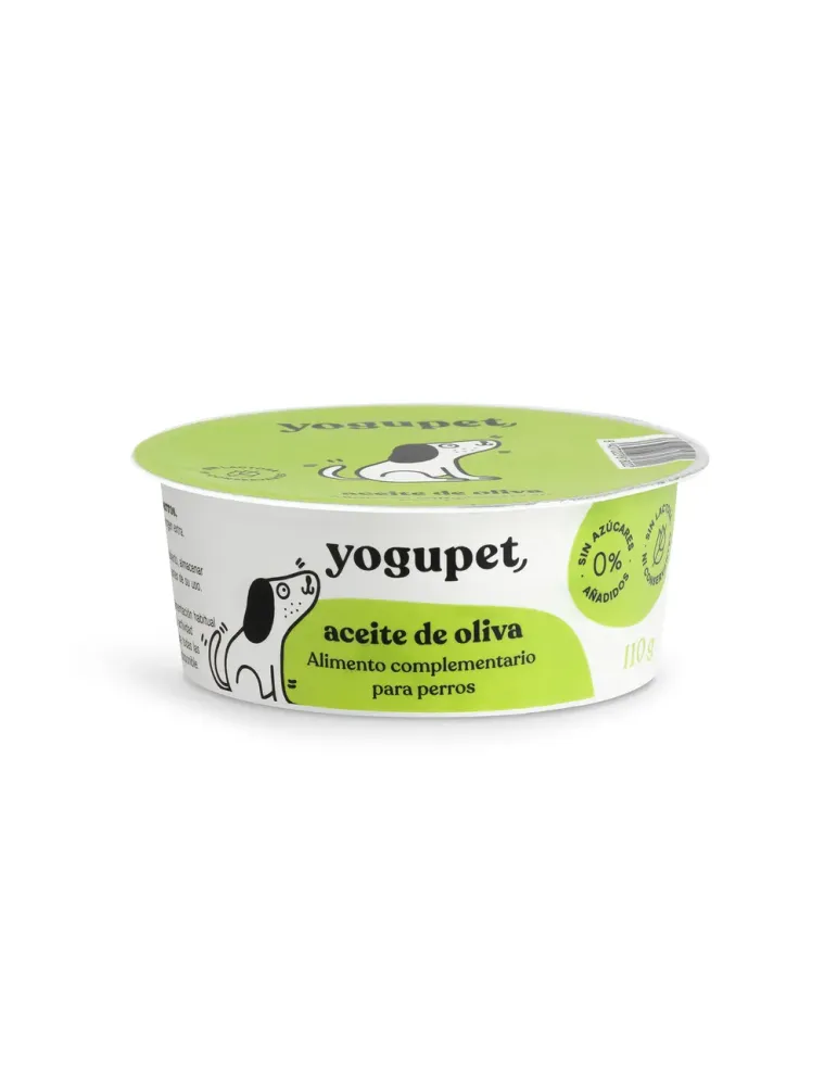 Yogupet aceite de oliva complemento alimentario para perros, tarrina blanca con etiqueta verde