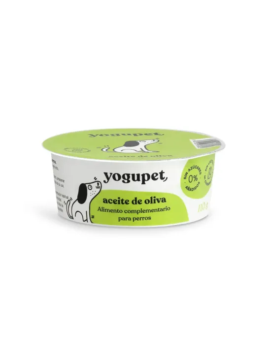 Yogupet aceite de oliva complemento alimentario para perros, tarrina blanca con etiqueta verde