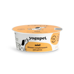 Yogupet miel alimento complementario para perros, tarrina blanca con etiqueta color miel