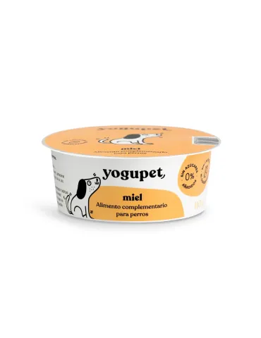 Yogupet miel alimento complementario para perros, tarrina blanca con etiqueta color miel