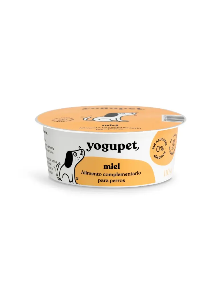 Yogupet miel alimento complementario para perros, tarrina blanca con etiqueta color miel