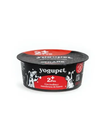 Yogupet 2+ Pro yogur funcional para perros con inulina y membrana de huevo, tarrina negra con detalles rojos