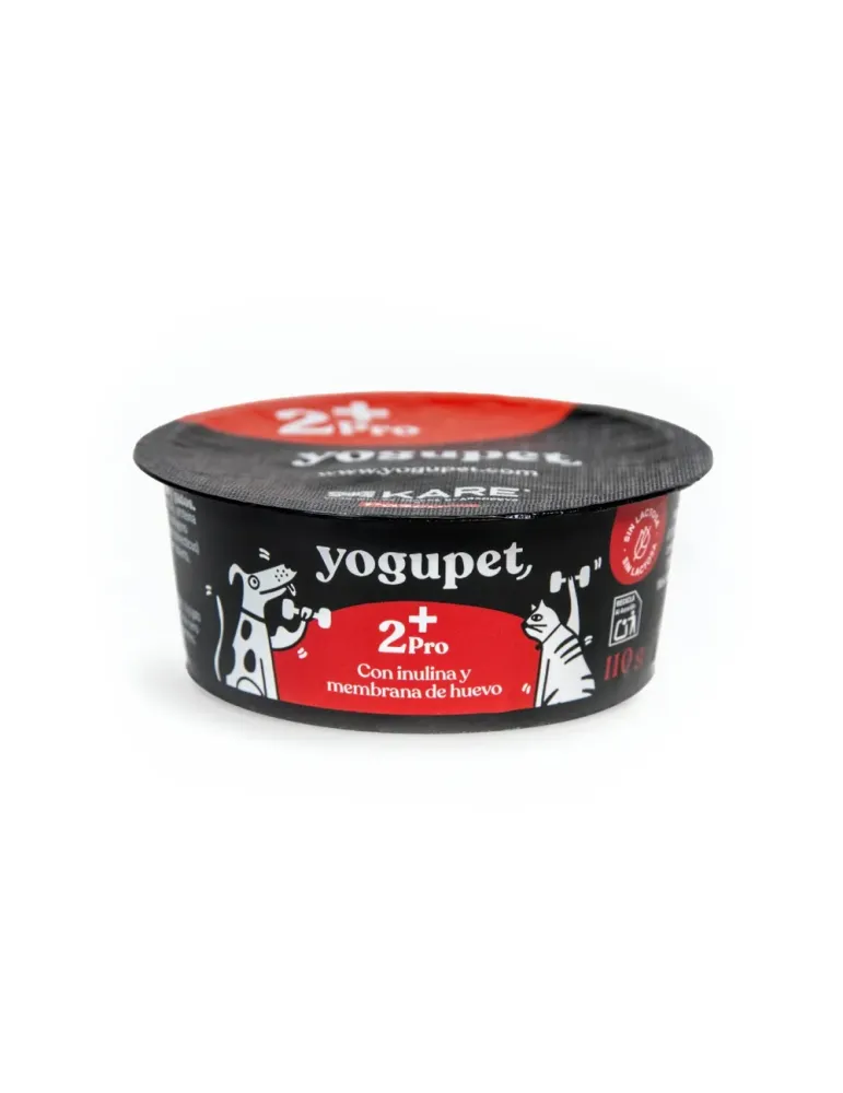Yogupet 2+ Pro yogur funcional para perros con inulina y membrana de huevo, tarrina negra con detalles rojos