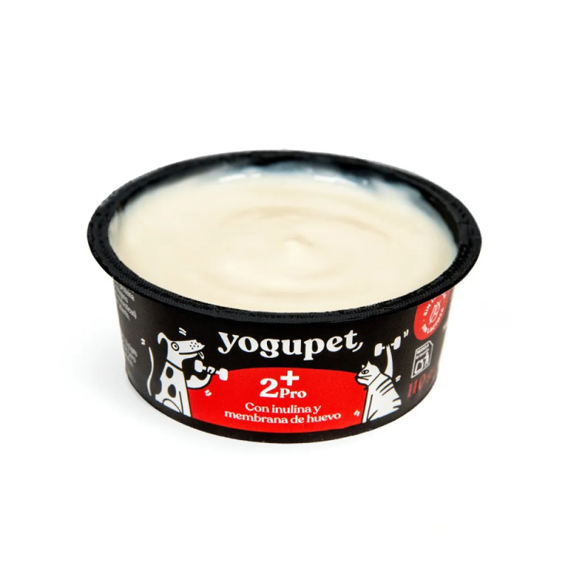 Vista superior del yogur funcional Yogupet 2+ Pro para perros, con textura cremosa, inulina y membrana de huevo, sin lactosa