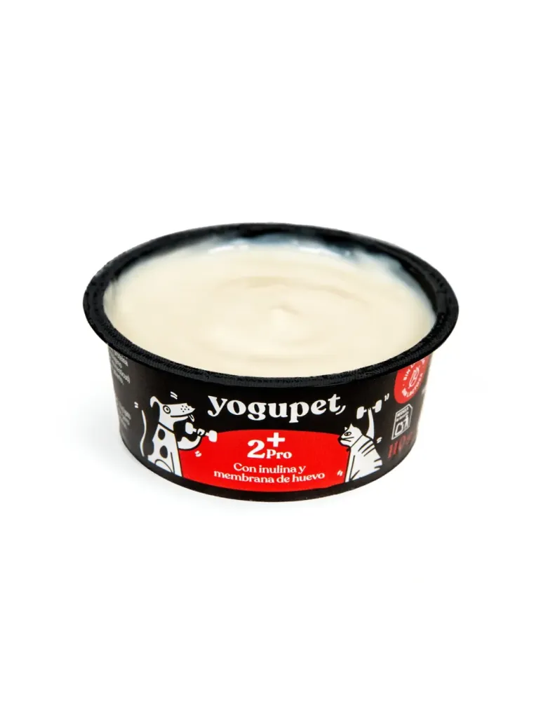 Vista superior del yogur funcional Yogupet 2+ Pro para perros, con textura cremosa, inulina y membrana de huevo, sin lactosa