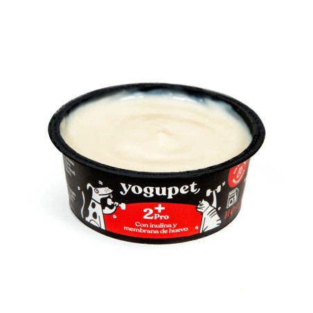 Vista superior del yogur funcional Yogupet 2+ Pro para perros, con textura cremosa, inulina y membrana de huevo, sin lactosa