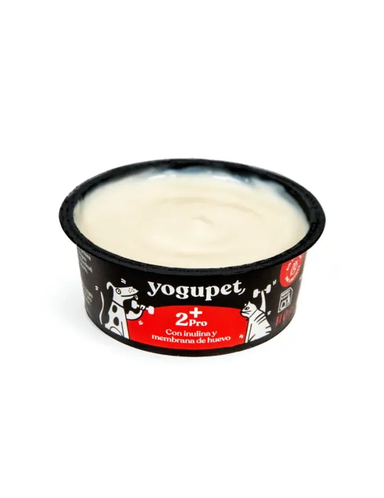 Vista superior del yogur funcional Yogupet 2+ Pro para perros, con textura cremosa, inulina y membrana de huevo, sin lactosa