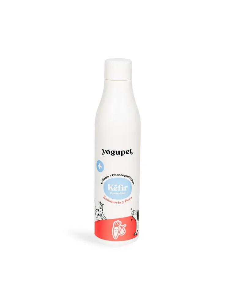Kéfir Yogupet sabor zanahoria y pera para perros, botella blanca con diseño minimalista