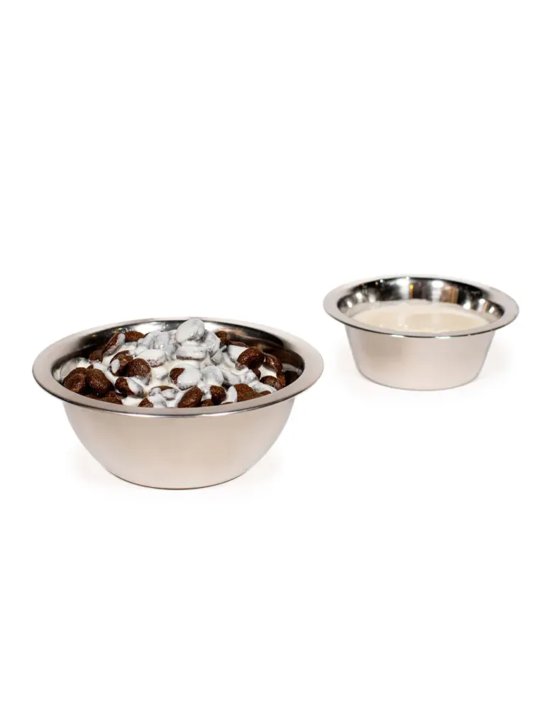 Croquetas de pienso para perros mezcladas con kéfir Yogupet zanahoria y pera en cuenco de acero, junto a bol con kéfir solo