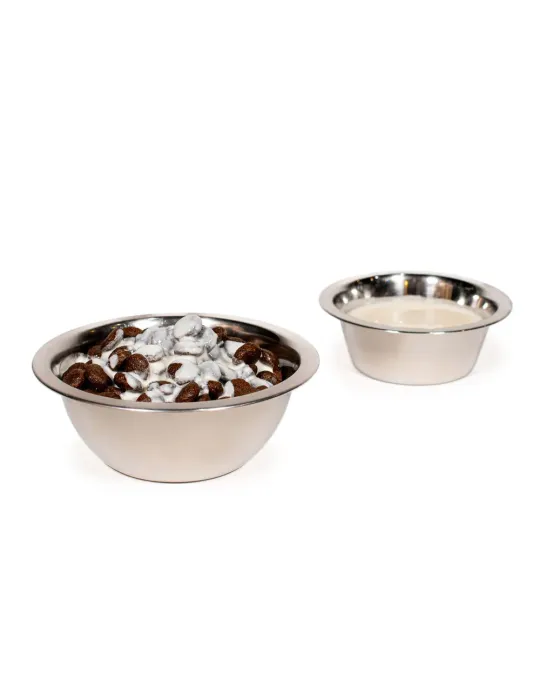 Croquetas de pienso para perros mezcladas con kéfir Yogupet zanahoria y pera en cuenco de acero, junto a bol con kéfir solo
