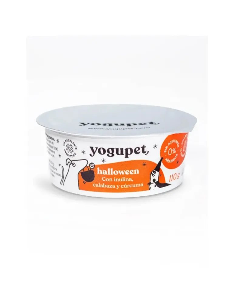 Yogupet Yogur Halloween — tarrina Yogupet Halloween para perros, con inulina, calabaza y cúrcuma, envase blanco y naranja
