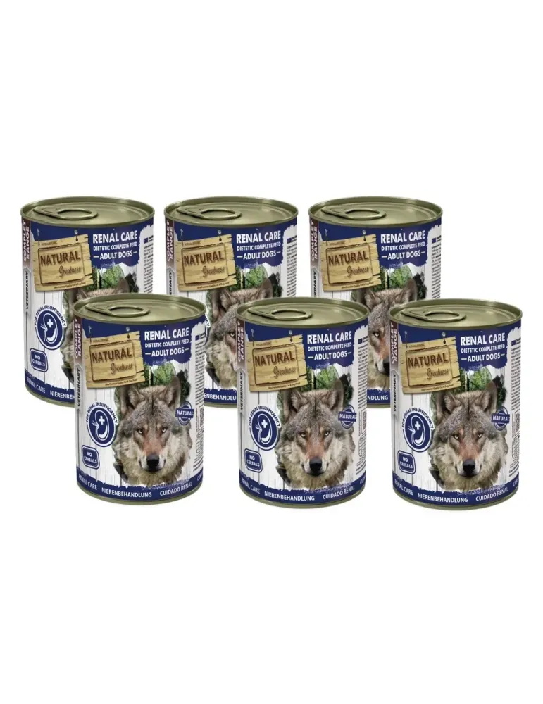 Presentación de seis latas Natural Greatness Renal-Oxalate para perros de 400 g