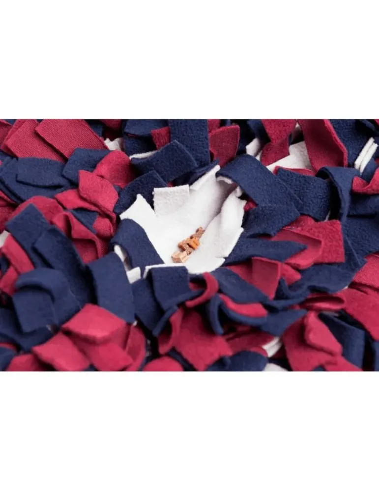 Detalle de alfombra olfativa para perros con snacks ocultos entre tiras de tela rojas, azules y blancas.