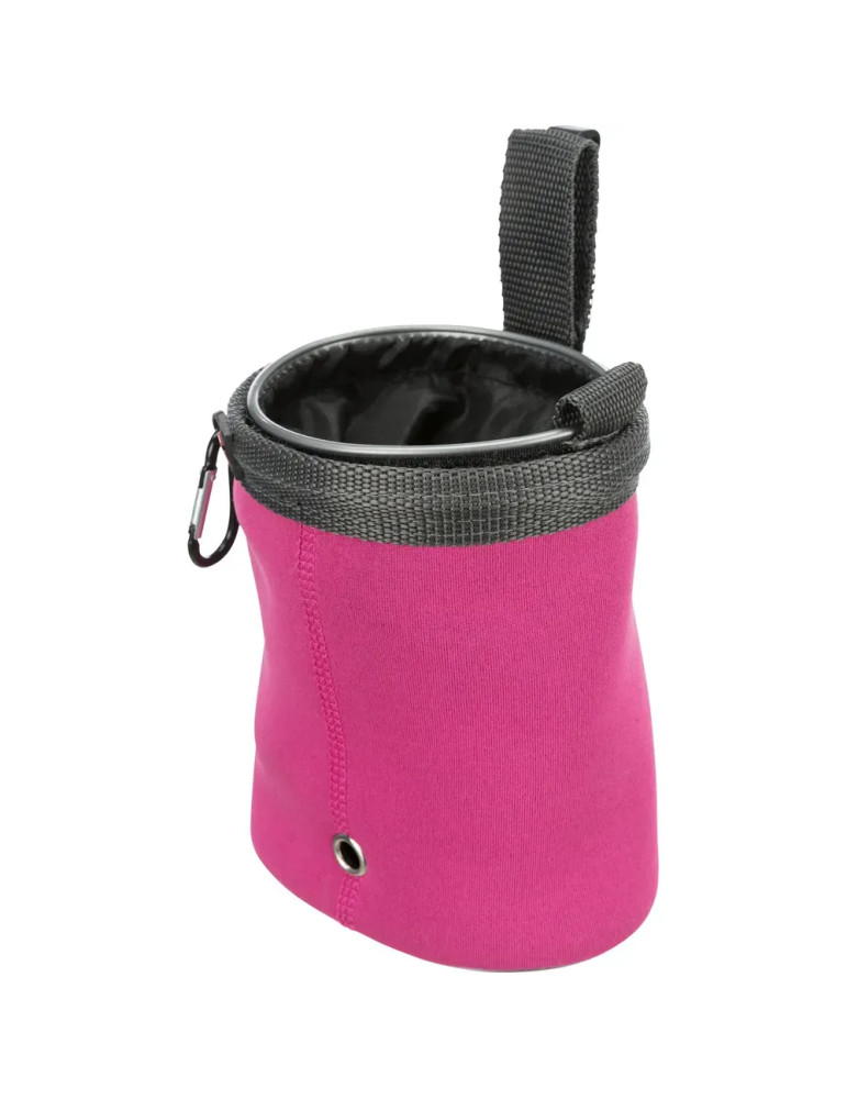 Vista lateral de bolsa Trixie rosa para premios de perro.
