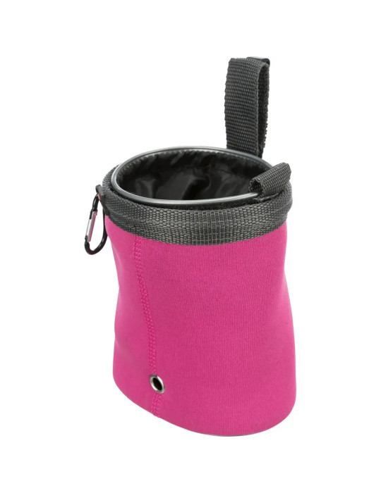 Vista lateral de bolsa Trixie rosa para premios de perro.