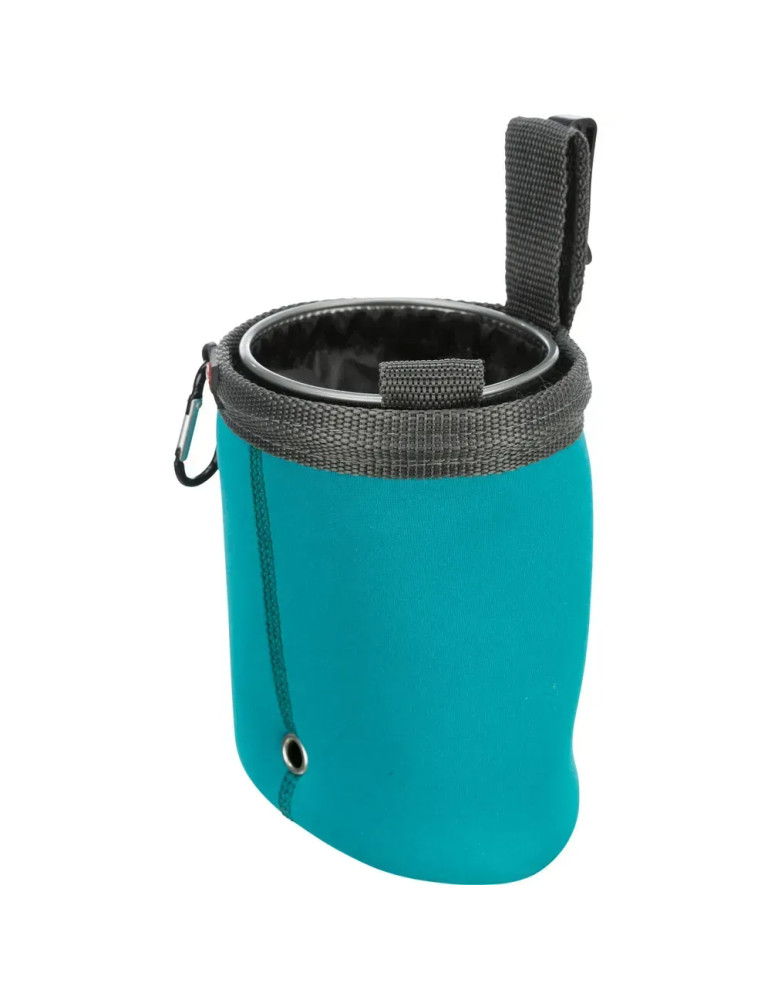 Vista lateral de bolsa porta premios Trixie turquesa con clip, aro metálico y costura visible.